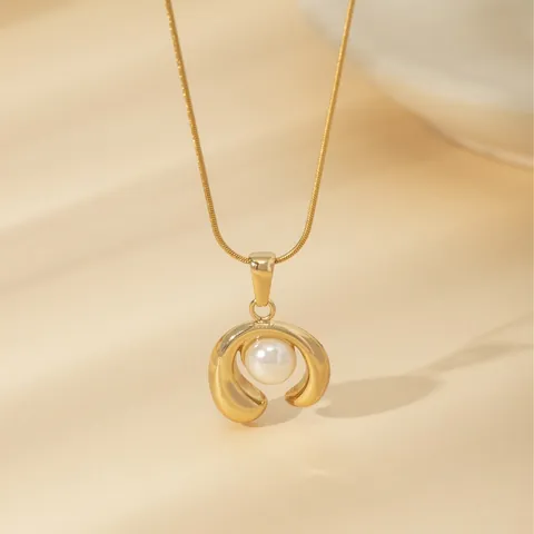 18K Gold Plated Stainless Steel Artificial Pearl Pendant Necklace For Women Pleated Lava Hammered Square Heart Sunburst Geometric Jewelry