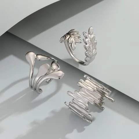 Minimalist Stainless Steel Open Ring For Women Men Irregular Lava Fluid Texture Leaf Adjustable Finger Ring Fashion Jewelry Accessory