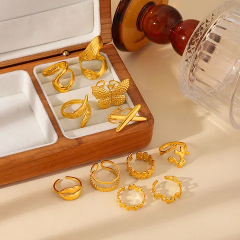 18K Gold Plated Stainless Steel Open Ring For Women Adjustable Minimalist Geometric Butterfly Leaf Fashion Jewelry Finger Ring