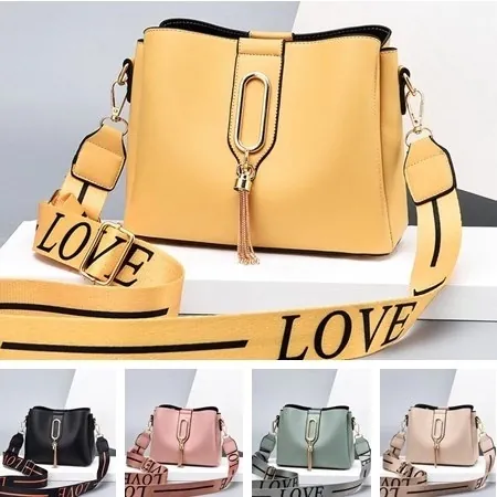 Women Fashion PU Leather Crossbody Bag With Tassel Gold Buckle Wide LOVE Letter Print Strap Casual Bucket Shoulder Handbag