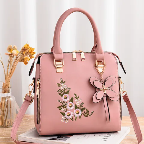 Women's Vintage Embroidered Floral Shell Handbag PU Leather Top Handle Shoulder Crossbody Bag With Butterfly Pendant Lady Fashion Bag