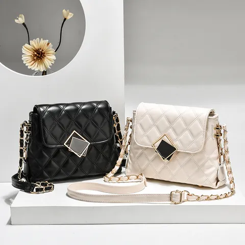 Rhombic Quilted Chain Crossbody Bag For Women PU Leather Small Square Shoulder Bag With Metal Lock Elegant Fashion Handbag