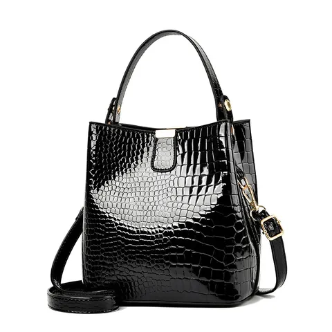 Damen Mode Krokodil Muster Glänzend PU Leder Beuteltasche Elegant Handtasche Mit Abnehmbarem Gurt Gold Hardware
