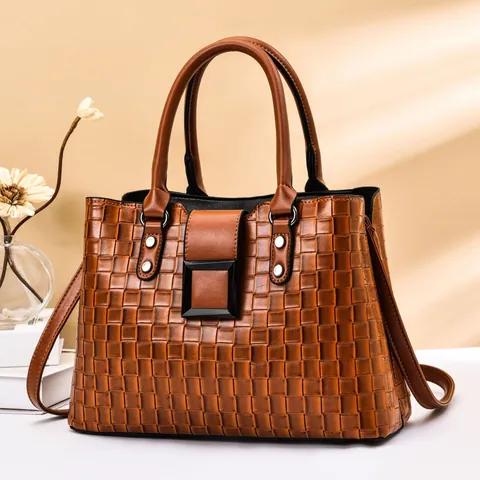 Dames Geweven PU Lederen Handtas Vintage Mode Vierkante Gesp Klinknagel Dubbele Handgreep Schouderriem Crossbody Tote Tas