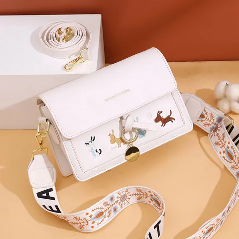 Women Fashion PU Leather Crossbody Bag Small Square Shoulder Bag With Cartoon Dog Embroidery And Wide Strap Cute Satchel