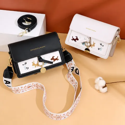 Women Fashion PU Leather Crossbody Bag Small Square Shoulder Bag With Cartoon Dog Embroidery And Wide Strap Cute Satchel