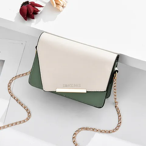 Bolso Bandolera de Mujer de Cuero PU Color de Contraste Cadena Dorada Letra Romantic Paris Bolso Cuadrado Pequeño Uso Diario