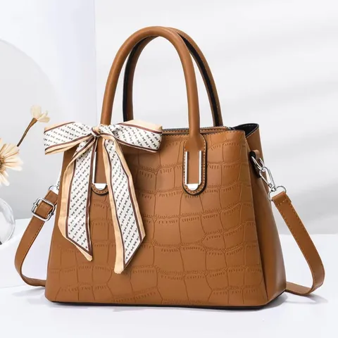 Crocodile Embossed PU Leather Handbag For Women With Decorative Satin Scarf Detachable Shoulder Strap Fashion Satchel Bag