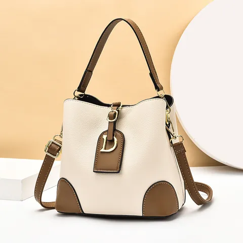 Fashion Contrast Color PU Leather Bucket Bag For Women Lychee Texture Handbag With Metal Letter Charm Shoulder Crossbody Bag