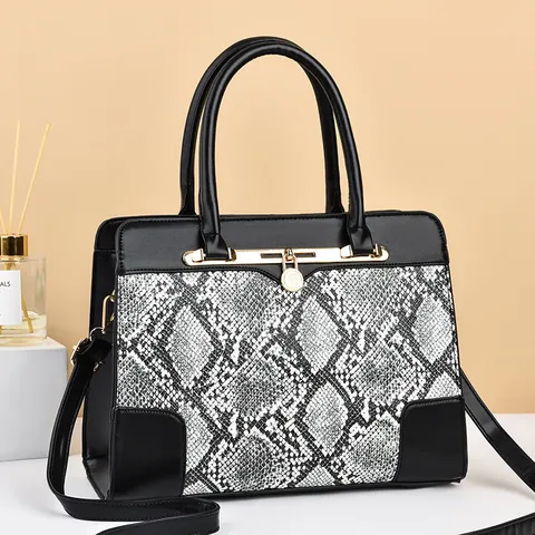 Women Snake Print PU Leather Handbag Gold Hardware Padlock Decor Top Handle Shoulder Crossbody Bag Fashion Streetwear Accessory