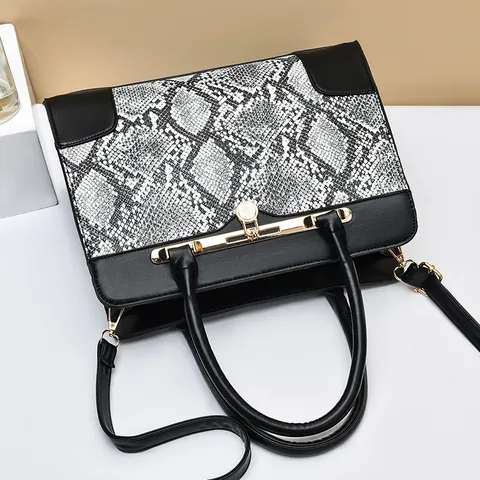 Women Snake Print PU Leather Handbag Gold Hardware Padlock Decor Top Handle Shoulder Crossbody Bag Fashion Streetwear Accessory