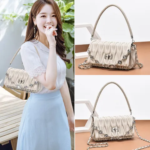 Women Matelassé Pleated Shoulder Bag With Rhinestone Artificial Pearl Chain PU Leather Crossbody Underarm Bag For Women Party Wedding