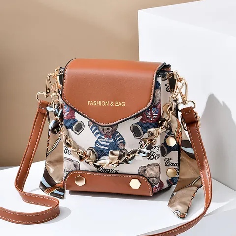 Fashion Women Mini Crossbody Bag With Silk Scarf Metal Chain Handle PU Leather Cartoon Bear Print Small Shoulder Phone Bag