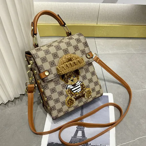 Vintage 3D Teddy Bear Checkered Mini Crossbody Bag For Women Luxury PU Leather Small Handbag With Detachable Shoulder Strap