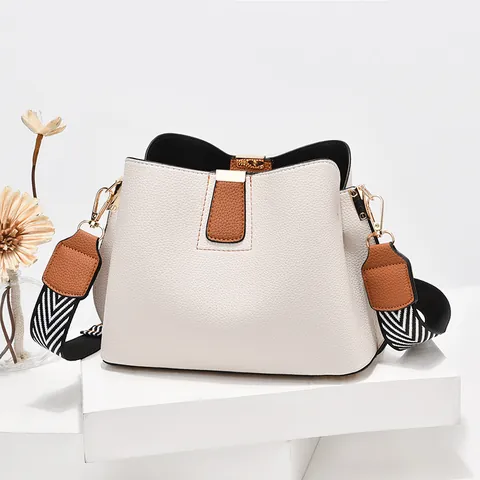 Fashion Women PU Leather Bucket Bag Contrast Color Wide Shoulder Strap Small Crossbody Handbag For Daily Shopping Travel