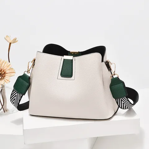 Fashion Women PU Leather Bucket Bag Contrast Color Wide Shoulder Strap Small Crossbody Handbag For Daily Shopping Travel