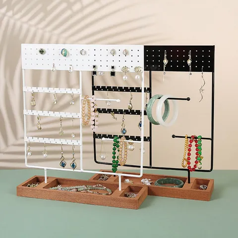 Soporte Organizador De Joyas De Hierro Y Madera De Acacia Para Pendientes Collares Pulseras Anillos Estante De Exhibición De Escritorio