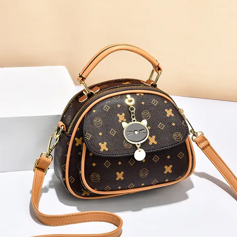 Damen Retro Monogramm Bedruckte Muschel Handtasche Mit Katzenanhänger Multi-Fach Henkeltasche Umhängetasche Mode Bedruckte Stofftasche