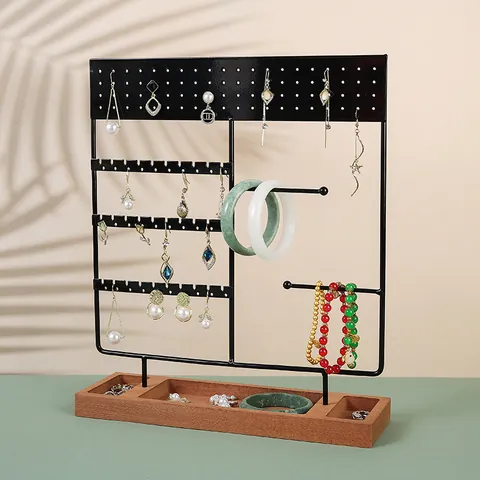 Soporte Organizador De Joyas De Hierro Y Madera De Acacia Para Pendientes Collares Pulseras Anillos Estante De Exhibición De Escritorio