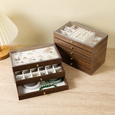 Walnut Wood Grain Multi-Layer Jewelry Storage Box Transparent Acrylic Lid Desktop Drawer For Necklace Ring Earring Women