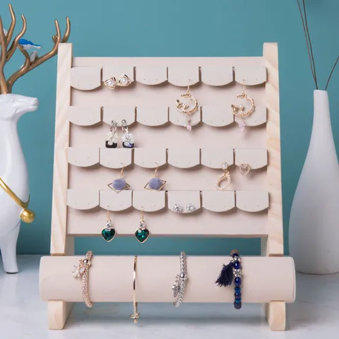Schmuckständer Aus Holz Mit Beigem Samt Mehrschichtiger Ohrringhalter Armband Uhrengestell Für Schmuckvitrine Organizer