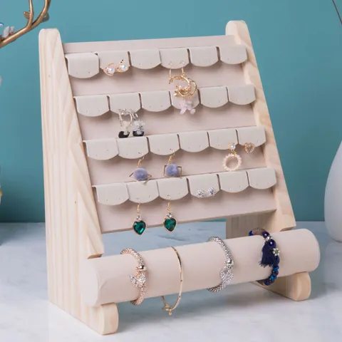 Schmuckständer Aus Holz Mit Beigem Samt Mehrschichtiger Ohrringhalter Armband Uhrengestell Für Schmuckvitrine Organizer
