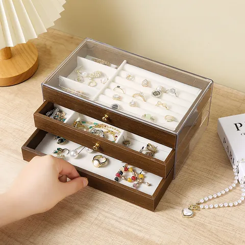 Walnut Wood Grain Multi-Layer Jewelry Box With Clear Acrylic Lid And Velvet Lining Drawer Style Jewelry Organizer For Rings Earrings Necklaces