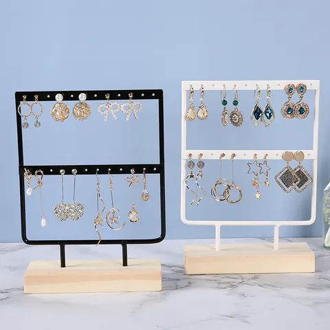 Modern Iron Earring Stand Jewelry Display Rack With Wooden Base Metal Ear Stud Organizer Holder Home Decor Storage Desk