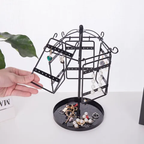 Rotating Metal Jewelry Display Rack Organizer For Earrings Necklaces Spinning Earring Holder With Storage Tray Jewelry Stand