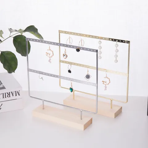Electroplated Iron Art Wood Earring Jewelry Display Stand Holder Two Tier Organizer For Studs Dangle Earrings Home Decor