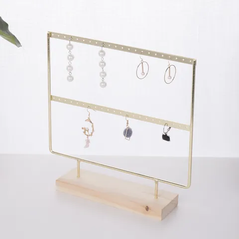 Electroplated Iron Art Wood Earring Jewelry Display Stand Holder Two Tier Organizer For Studs Dangle Earrings Home Decor