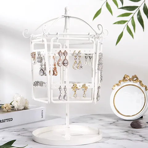 Rotating Metal Jewelry Display Rack Organizer For Earrings Necklaces Spinning Earring Holder With Storage Tray Jewelry Stand