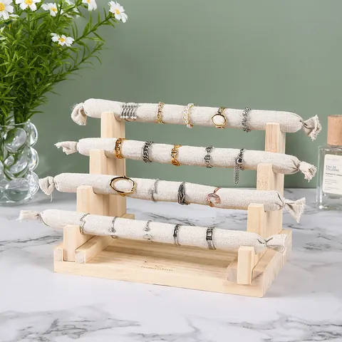 Multi-Tier Wood Jewelry Display Stand With Linen Covered Bars For Rings Bracelets Necklaces Storage Countertop Organizer