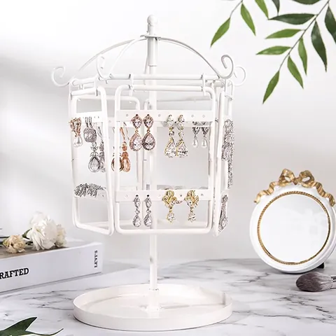 Rotating Metal Jewelry Display Rack Organizer For Earrings Necklaces Spinning Earring Holder With Storage Tray Jewelry Stand