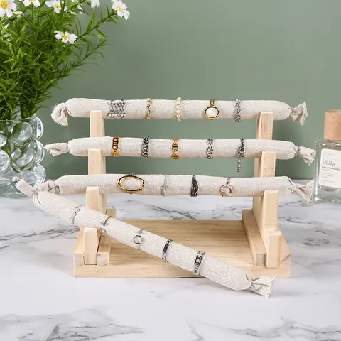 Multi-Tier Wood Jewelry Display Stand With Linen Covered Bars For Rings Bracelets Necklaces Storage Countertop Organizer