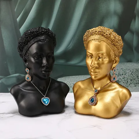 Nordisch Harz Afrikanische Dame Büste Schmuckständer Halskette Ohrring Halter Kreative Skulptur Musterzimmer Haus Deko Ornament