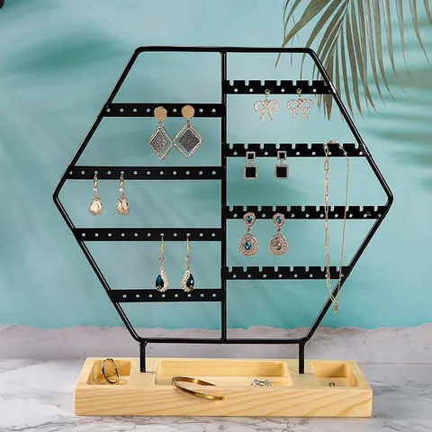 Soporte de Exhibición de Pendientes Hexagonal Moderno Soporte de Metal Negro Con Base de Madera de Pino Organizador de Joyas
