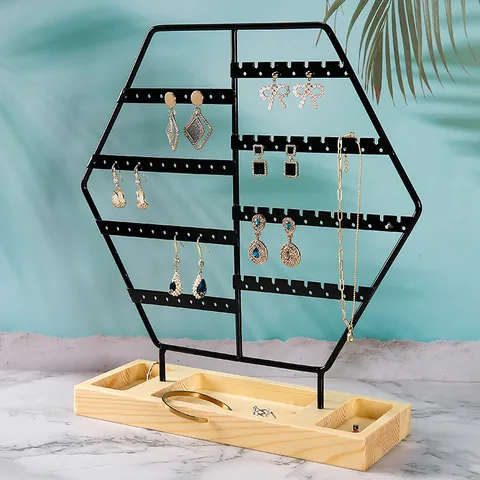 Soporte de Exhibición de Pendientes Hexagonal Moderno Soporte de Metal Negro Con Base de Madera de Pino Organizador de Joyas