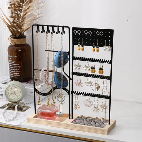 Présentoir à Bijoux en Métal et Bois Support Multifonctionnel pour Boucles d'Oreilles Colliers Bagues Organisateur Chambre Cadeau
