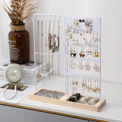 Présentoir à Bijoux en Métal et Bois Support Multifonctionnel pour Boucles d'Oreilles Colliers Bagues Organisateur Chambre Cadeau