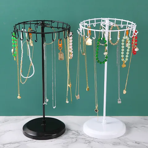Metal Rotating Jewelry Display Stand Necklace Holder Organizer With Hooks For Jewelry Desktop Storage Black White