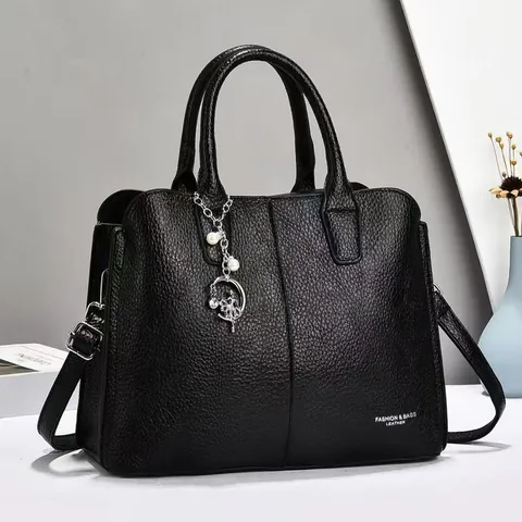 Women Litchi Pattern PU Leather Handbag Large Capacity Commuting Tote Bag With Artificial Pearl Ballerina Pendant Crossbody Bag