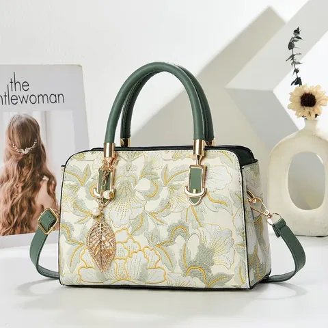 Borsa a Mano Vintage con Ricamo Floreale da Donna Borsa a Tracolla in Pelle PU con Pendente a Foglia in Metallo e Perla Artificial