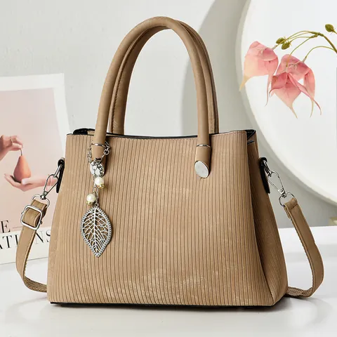 Dames Mode Handtas Met Grote Capaciteit Verticale Textuur PU Leer Schoudertas Met Bladhanger Kunstparel Accent Elegante Tote
