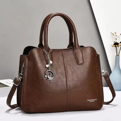 Women Litchi Pattern PU Leather Handbag Large Capacity Commuting Tote Bag With Artificial Pearl Ballerina Pendant Crossbody Bag