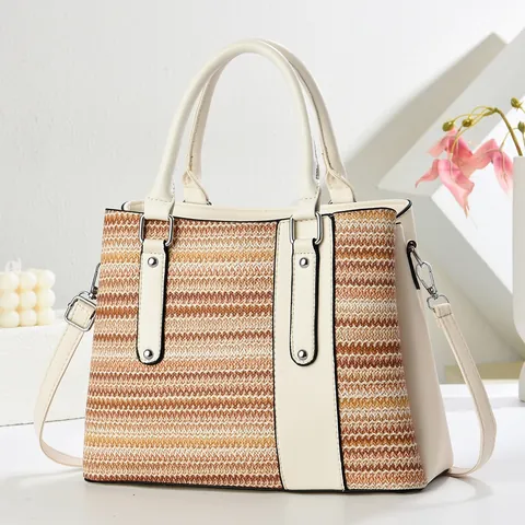 Women Straw Woven Tote Bag PU Leather Spliced Large Capacity Shoulder Handbag Rainbow Striped Commuter Versatile