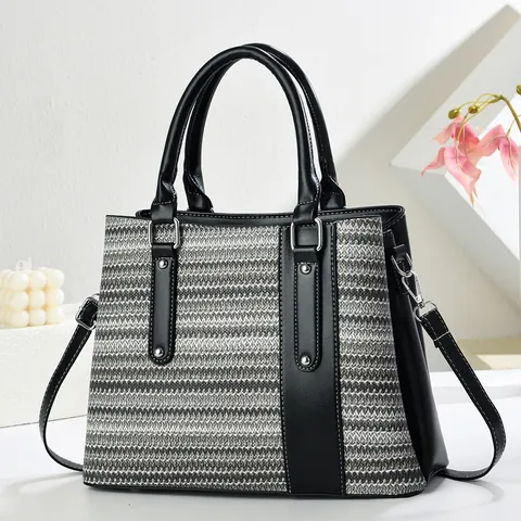 Fashion Women Woven Handbag Large Capacity PU Leather Contrast Color Wave Pattern Shoulder Bag Crossbody Bag With Rivets