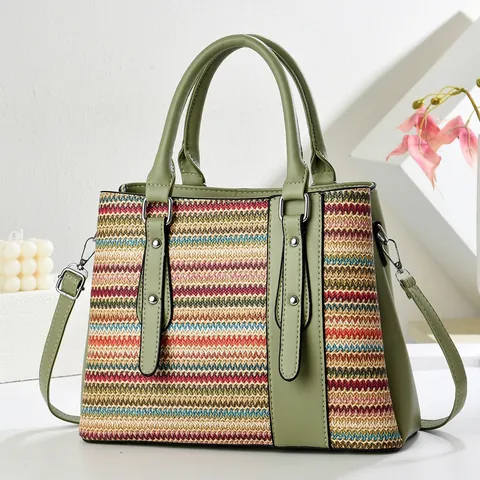 Fashion Women Woven Handbag Large Capacity PU Leather Contrast Color Wave Pattern Shoulder Bag Crossbody Bag With Rivets