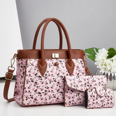 Borsa Donna in Pelle PU Tote Borsa a Mano Tracolla Portafoglio Porta Carte Classica Stampa Ciliegia Borsa a Tracolla Casual