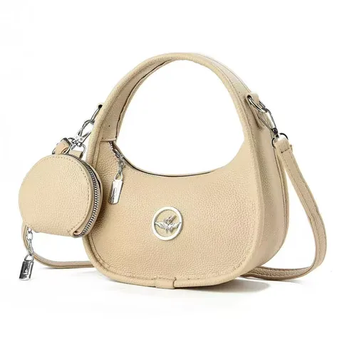 Women Crescent Hobo Bag PU Leather Lychee Pattern Crossbody Shoulder Bag With Mini Round Pouch Fashion Streetwear Handbag